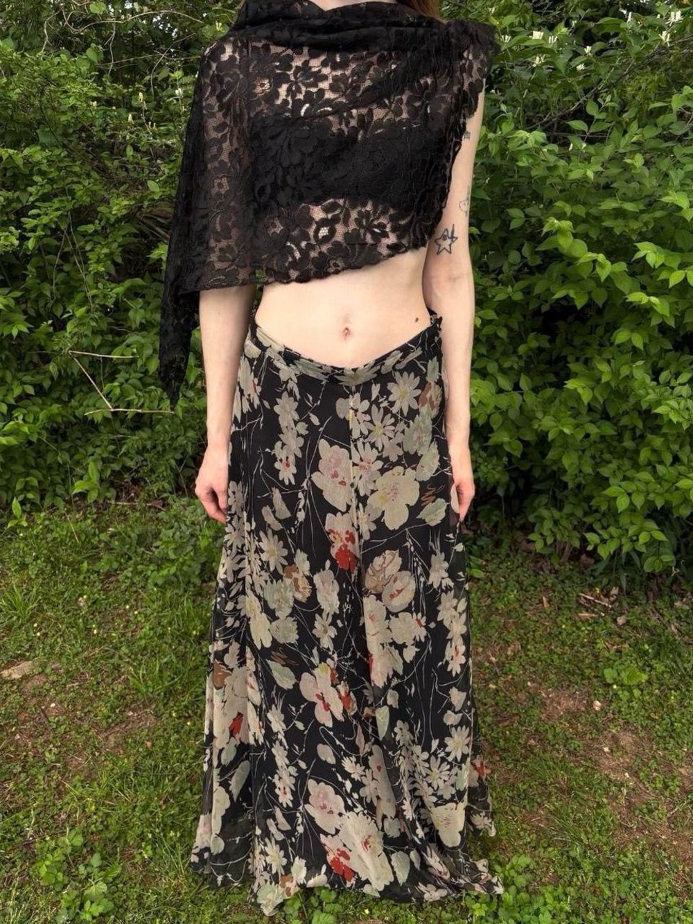 Vintage 90s Silk Fairycore Whimsigoth Cottagecore Floral Print Maxi Skirt Sz 2